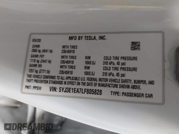 2020 Tesla Model 3 Standard Range Plus with VIN 5YJ3E1EA7LF805828, listed as a IAAI auction lot 41841505 with 44,946 mi miles and . Bid and sale history available at DreamBid. Image 9.