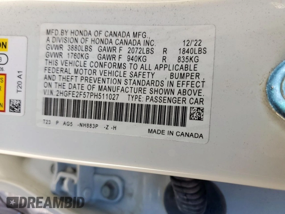 2023 Honda Civic Sport with VIN 2HGFE2F57PH511027, listed as a Copart auction lot 62703695 with 33,899 mi miles and Salvage title. Bid and sale history available at DreamBid. Image 12.