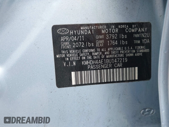 2011 Hyundai Elantra Limited z VIN KMHDH4AE1BU147219, wystawiony jako IAAI lot #42313091 z przebiegiem 110 539 mil mil oraz . Historia ofert i sprzedaży dostępna na DreamBid. Obrazek 9.