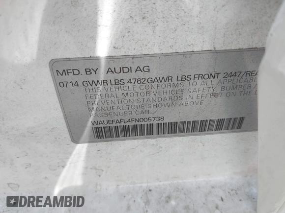 2015 Audi A4 Premium Plus z VIN WAUEFAFL4FN005738, wystawiony jako IAAI lot #42461324 z przebiegiem Nie podano mil oraz . Historia ofert i sprzedaży dostępna na DreamBid. Obrazek 9.