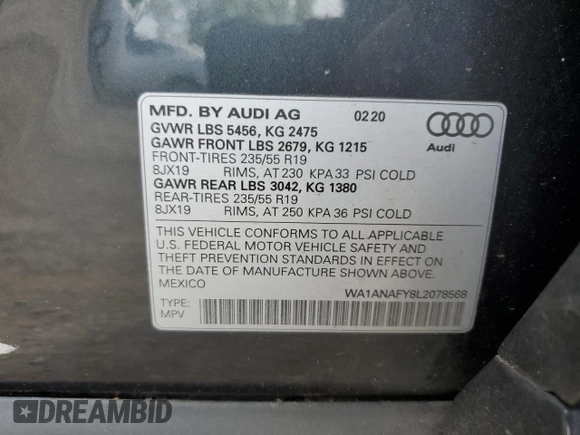 2020 Audi Q5 Premium z VIN WA1ANAFY8L2078568, wystawiony jako Copart lot #56230545 z przebiegiem 42 200 mil mil oraz Szkoda całkowita • Salvage title. Historia ofert i sprzedaży dostępna na DreamBid. Obrazek 14.