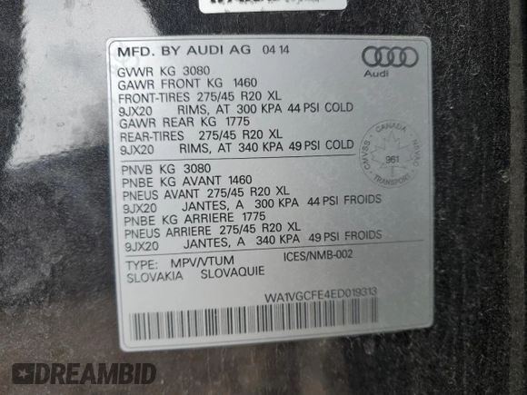 2014 Audi Q7 with VIN WA1VGCFE4ED019313, listed as a Copart auction lot 46291515 with Not provided miles and Salvage title. Bid and sale history available at DreamBid. Image 14.