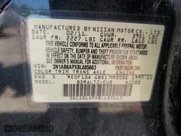 2011 Nissan Sentra SR with VIN 3N1AB6APXBL685663, listed as a Copart auction lot 52077355 with 217,006 mi miles and Salvage Title. Bid and sale history available at DreamBid. Image 15.