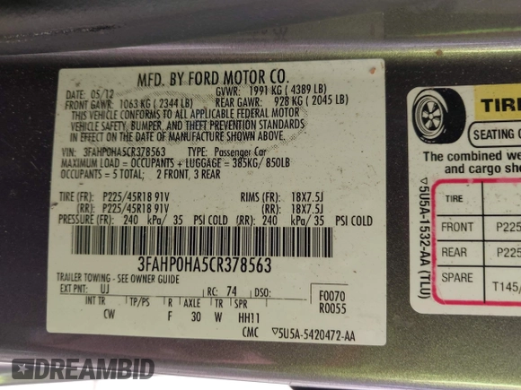 2012 Ford Fusion SE with VIN 3FAHP0HA5CR378563, listed as a IAAI auction lot 42362868 with 213,907 mi miles and . Bid and sale history available at DreamBid. Image 9.