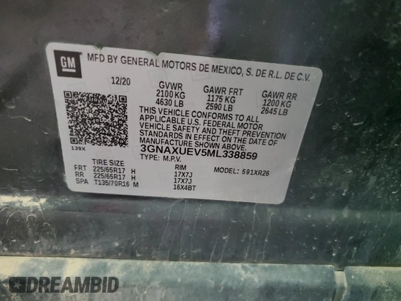 2021 Chevrolet Equinox LT with VIN 3GNAXUEV5ML338859, listed as a Copart auction lot 55292545 with Not provided miles and Salvage title. Bid and sale history available at DreamBid. Image 13.