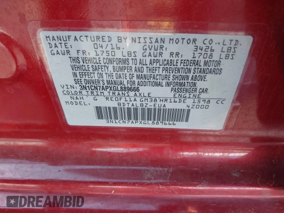 2016 Nissan Versa SV with VIN 3N1CN7APXGL889666, listed as a IAAI auction lot 41788308 with 13,064 mi miles and . Bid and sale history available at carsss.com. Image 9.