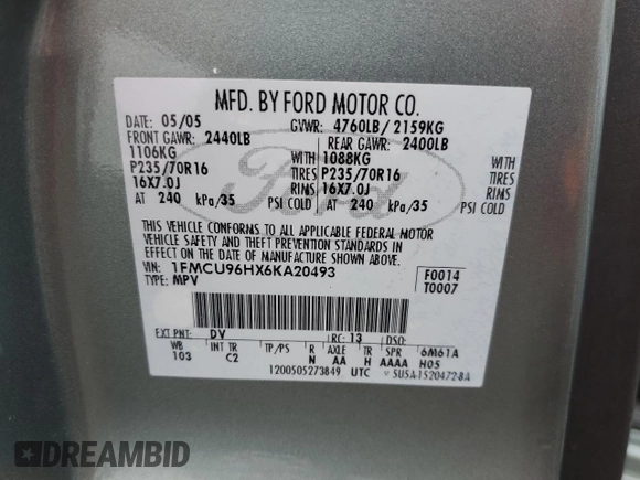 2006 Ford Escape Hybrid with VIN 1FMCU96HX6KA20493, listed as a Copart auction lot 55500925 with 195,346 mi miles and Salvage title. Bid and sale history available at DreamBid. Image 13.