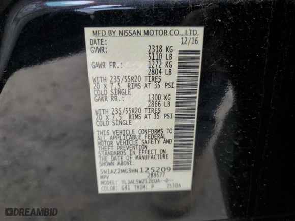2017 Nissan Murano Platinum with VIN 5N1AZ2MG3HN125209, listed as a Copart auction lot 51776745 with 56,825 mi miles and Salvage Title. Bid and sale history available at carsss.com. Image 13.