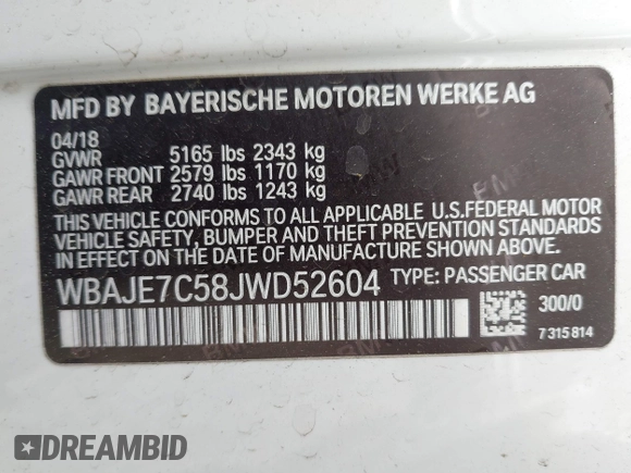 2018 BMW 5 Series 540i xDrive with VIN WBAJE7C58JWD52604, listed as a IAAI auction lot 42264240 with 107,454 mi miles and . Bid and sale history available at DreamBid. Image 9.