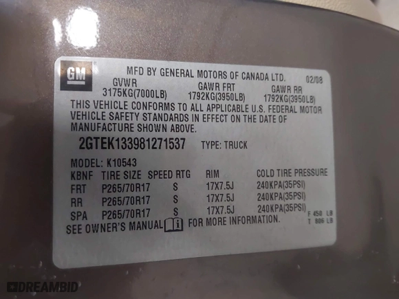 2008 GMC Sierra 1500 Work Truck with VIN 2GTEK133981271537, listed as a IAAI auction lot 41541225 with 212,332 mi miles. Bid and sale history available at carsss.com. Image 9.