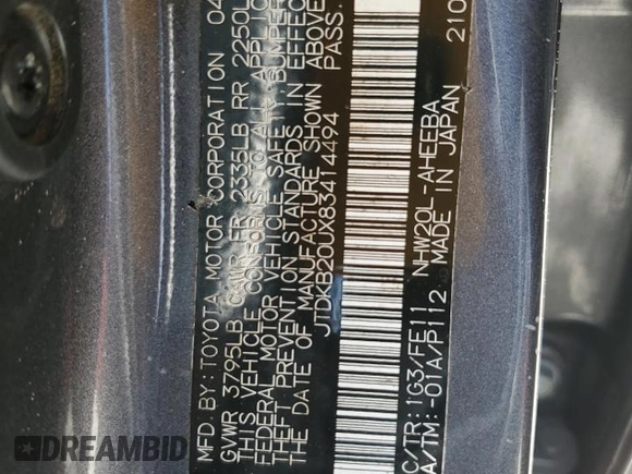 2008 Toyota Prius с VIN JTDKB20UX83414494, выставлен на аукционе Copart как лот 55891825 с пробегом 162 631 миль миль и На запчасти • Non repairable. История ставок и продаж доступна на DreamBid. Изображение 12.