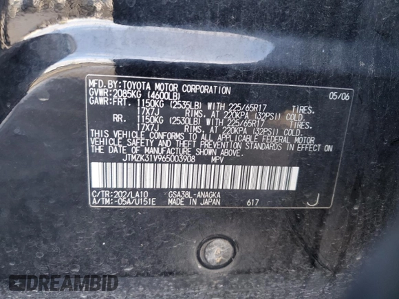 2006 Toyota RAV4 Limited with VIN JTMZK31V965003908, listed as a Copart auction lot 44586205 with 189,996 mi miles and Salvage title. Bid and sale history available at DreamBid. Image 14.