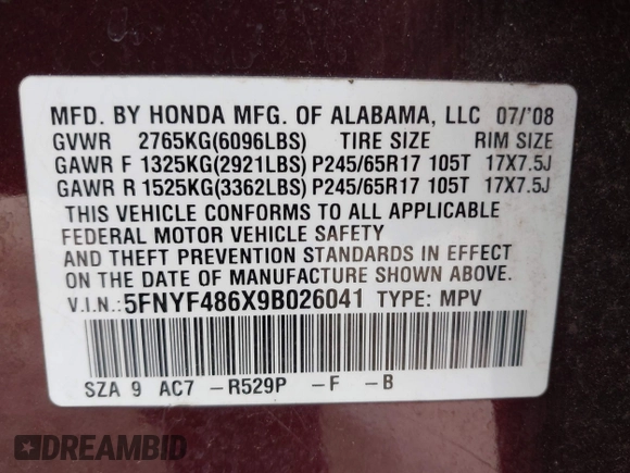 2009 Honda Pilot EX-L with VIN 5FNYF486X9B026041, listed as a IAAI auction lot 41942718 with 219,301 mi miles and . Bid and sale history available at carsss.com. Image 9.
