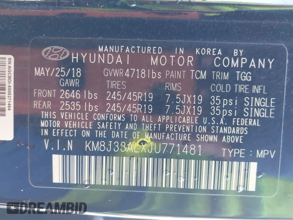 2018 Hyundai Tucson Sport with VIN KM8J33ALXJU771481, listed as a IAAI auction lot 41399335 with 64,905 mi miles. Bid and sale history available at carsss.com. Image 9.