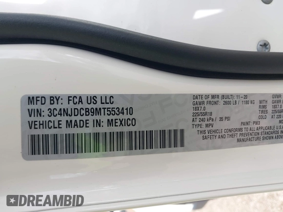 2021 Jeep Compass Limited с VIN 3C4NJDCB9MT553410, выставлен на аукционе IAAI как лот 42081363 с пробегом 56 437 миль миль и . История ставок и продаж доступна на DreamBid. Изображение 9.
