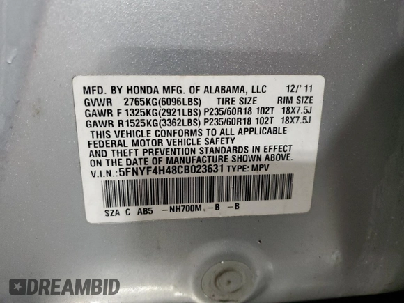 2012 Honda Pilot EX with VIN 5FNYF4H48CB023631, listed as a Copart auction lot 54163905 with 207,369 mi miles and Salvage Title. Bid and sale history available at DreamBid. Image 14.