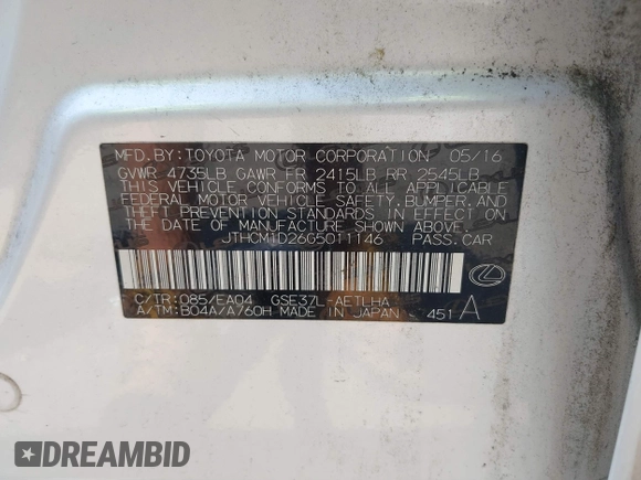 2016 Lexus IS 300/350 with VIN JTHCM1D26G5011146, listed as a IAAI auction lot 42389981 with 138,181 mi miles and . Bid and sale history available at DreamBid. Image 9.