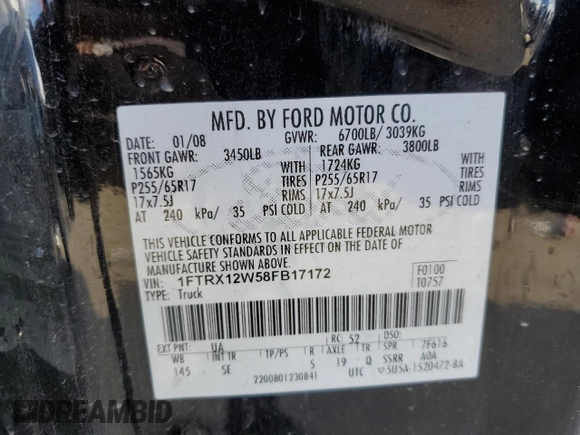 2008 Ford F-150 STX with VIN 1FTRX12W58FB17172, listed as a Copart auction lot 83443514 with 172,221 mi miles and Clean Title. Bid and sale history available at carsss.com. Image 13.