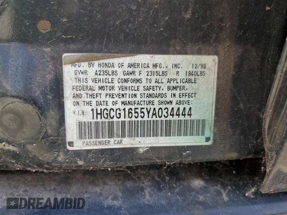 2000 Honda Accord EX с VIN 1HGCG1655YA034444, выставлен на аукционе Copart как лот 58974485 с пробегом 239 959 миль миль и Списание • Salvage title. История ставок и продаж доступна на DreamBid. Изображение 12.