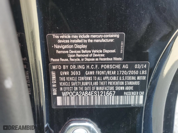 2014 Porsche Boxster with VIN WP0CA2A84ES121667, listed as a Copart auction lot 87510945 with 62,689 mi miles and Salvage Title. Bid and sale history available at carsss.com. Image 13.