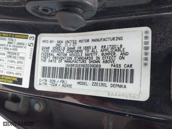 2008 Toyota Corolla CE with VIN 1NXBR32E88Z039069, listed as a IAAI auction lot 41712076 with 168,737 mi miles. Bid and sale history available at carsss.com. Image 9.