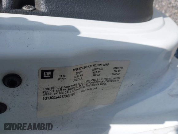 2001 Chevrolet Cavalier with VIN 1G1JC524017344700, listed as a IAAI auction lot 42436496 with Not provided miles and . Bid and sale history available at DreamBid. Image 9.
