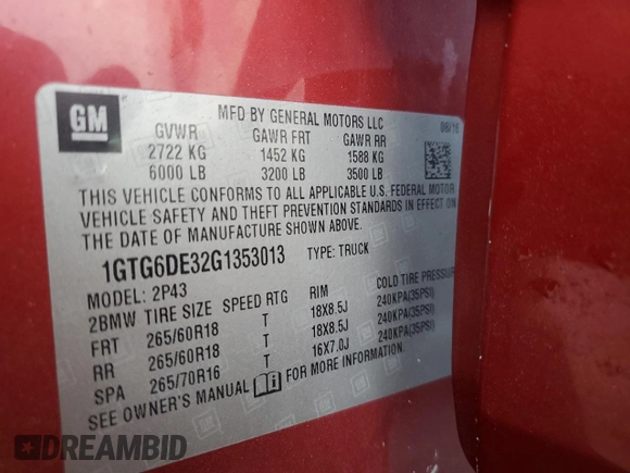 2016 GMC Canyon 4WD SLT with VIN 1GTG6DE32G1353013, listed as a Copart auction lot 75045154 with 0 mi miles and Non Repairable. Bid and sale history available at carsss.com. Image 13.