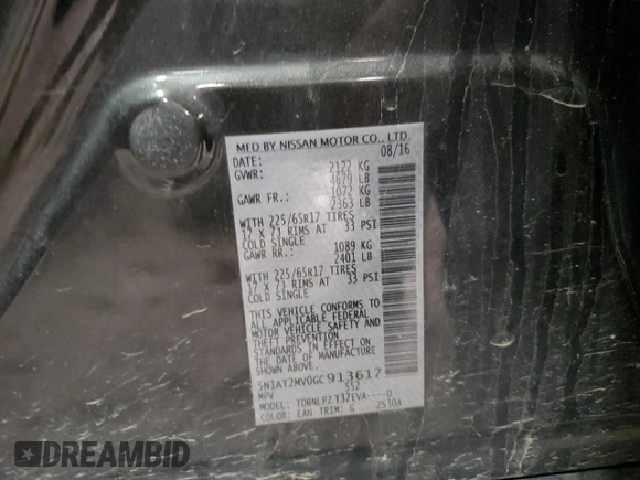 2016 Nissan Rogue SV with VIN 5N1AT2MV0GC913617, listed as a Copart auction lot 52123835 with Not Provided miles and Salvage Title. Bid and sale history available at DreamBid. Image 13.