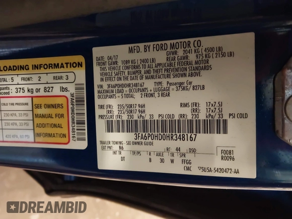 2017 Ford Fusion SE with VIN 3FA6P0HD0HR348167, listed as a IAAI auction lot 41889498 with 114,497 mi miles and . Bid and sale history available at DreamBid. Image 9.