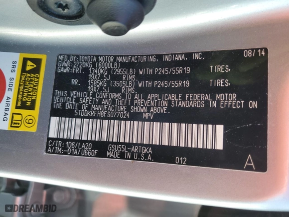 2015 Toyota Highlander Limited with VIN 5TDDKRFH8FS077024, listed as a Copart auction lot 75265984 with 130,597 mi miles and Non Repairable. Bid and sale history available at carsss.com. Image 14.