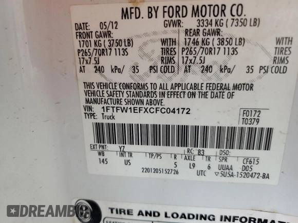 2012 Ford F-150 XL with VIN 1FTFW1EFXCFC04172, listed as a Copart auction lot 56052775 with 140,173 mi miles and Salvage title. Bid and sale history available at DreamBid. Image 12.
