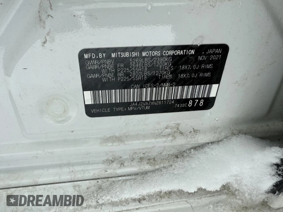 2022 Mitsubishi Outlander SEL with VIN JA4J2VA7XNZ611724, listed as a Copart auction lot 49676565 with 47,638 mi miles and Salvage title. Bid and sale history available at DreamBid. Image 12.