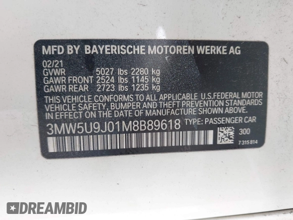 2021 BMW 3 Series M340i xDrive with VIN 3MW5U9J01M8B89618, listed as a IAAI auction lot 40473458 with 58,438 mi miles. Bid and sale history available at carsss.com. Image 9.
