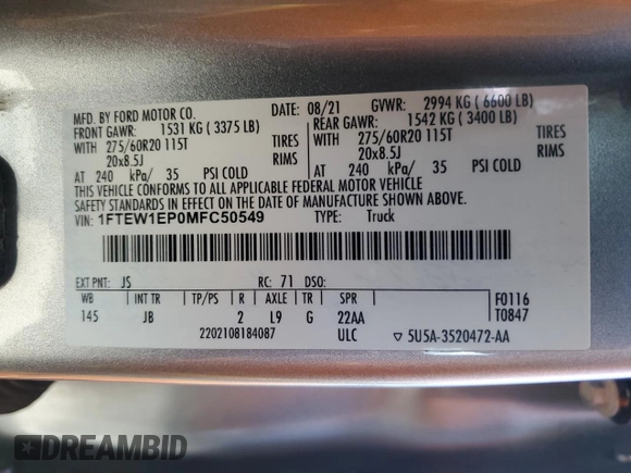 2021 Ford F-150 XL z VIN 1FTEW1EP0MFC50549, wystawiony jako Copart lot #60127565 z przebiegiem 92 078 mil mil oraz Szkoda całkowita • Salvage title. Historia ofert i sprzedaży dostępna na DreamBid. Obrazek 12.