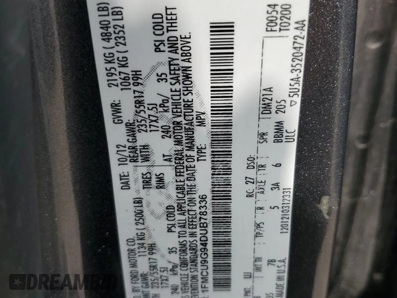 2013 Ford Escape SE with VIN 1FMCU9G94DUB78336, listed as a Copart auction lot 52025645 with 191,026 mi miles and Salvage Title. Bid and sale history available at DreamBid. Image 13.