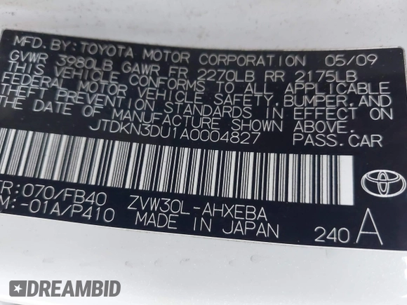 2010 Toyota Prius II with VIN JTDKN3DU1A0004827, listed as a IAAI auction lot 42245203 with 374,897 mi miles and . Bid and sale history available at DreamBid. Image 9.