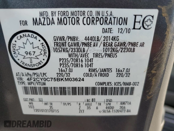 2011 Mazda Tribute Touring with VIN 4F2CY0C75BKM03624, listed as a Copart auction lot 47838305 with 188,952 mi miles and Salvage Title. Bid and sale history available at carsss.com. Image 13.