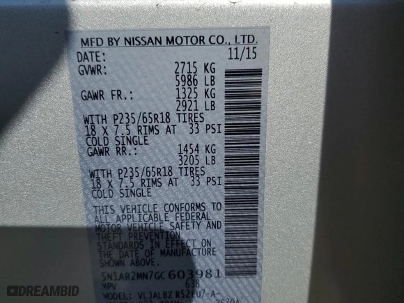 2016 Nissan Pathfinder S with VIN 5N1AR2MN7GC603981, listed as a Copart auction lot 50437925 with 40095 miles and Salvage Title. Bid and sale history available at carsss.com. Image 13.