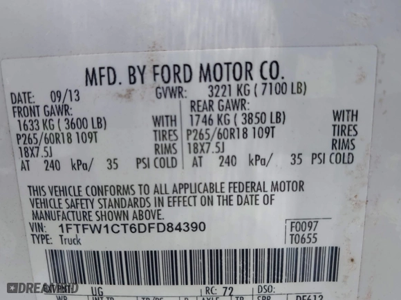2013 Ford F-150 XL with VIN 1FTFW1CT6DFD84390, listed as a IAAI auction lot 40905064 with 1 mi miles. Bid and sale history available at carsss.com. Image 9.