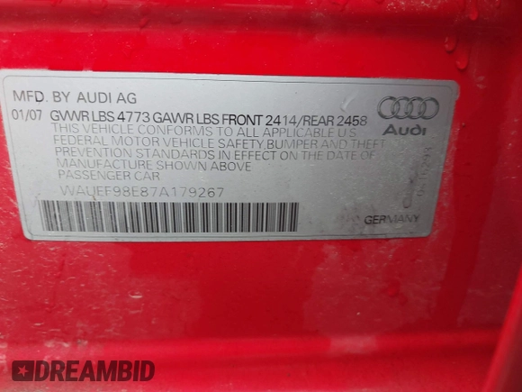 2007 Audi A4 с VIN WAUEF98E87A179267, выставлен на аукционе IAAI как лот 42038900 с пробегом 165 998 миль миль и . История ставок и продаж доступна на DreamBid. Изображение 9.