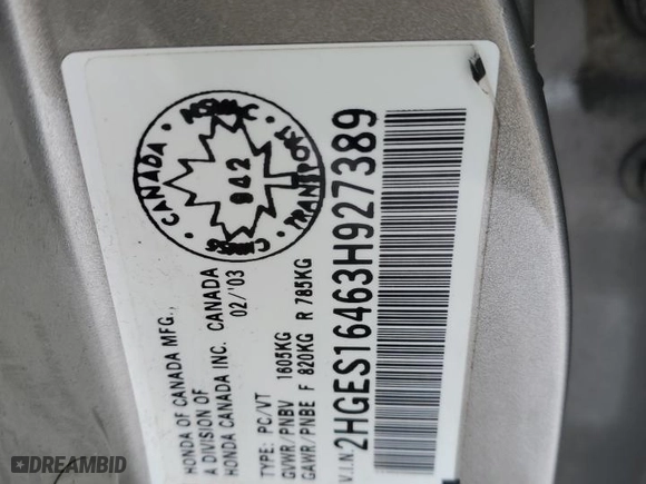 2003 Honda Civic DX with VIN 2HGES16463H927389, listed as a Copart auction lot 50411935 with 119,800 mi miles and Salvage Title. Bid and sale history available at carsss.com. Image 13.