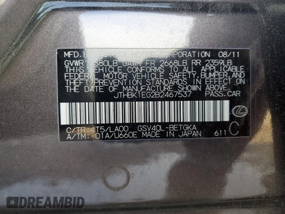 2011 Lexus ES with VIN JTHBK1EG2B2467537, listed as a Copart auction lot 46678245 with Not Provided miles and Salvage Title. Bid and sale history available at carsss.com. Image 14.