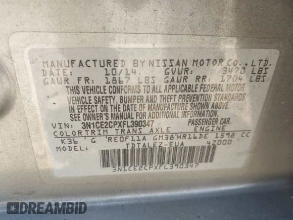 2015 Nissan Note SV with VIN 3N1CE2CPXFL390347, listed as a IAAI auction lot 42115455 with 117,924 mi miles and . Bid and sale history available at DreamBid. Image 9.