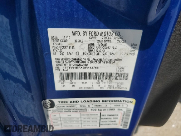2011 Ford F-150 XL with VIN 1FTFW1EFXBFA13768, listed as a Copart auction lot 63580345 with 201,816 mi miles and Salvage title. Bid and sale history available at DreamBid. Image 12.