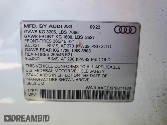 2023 Audi e-tron Premium Plus with VIN WA1LAAGEXPB011100, listed as a Copart auction lot 54008815 with Not provided miles and Salvage title. Bid and sale history available at DreamBid. Image 14.