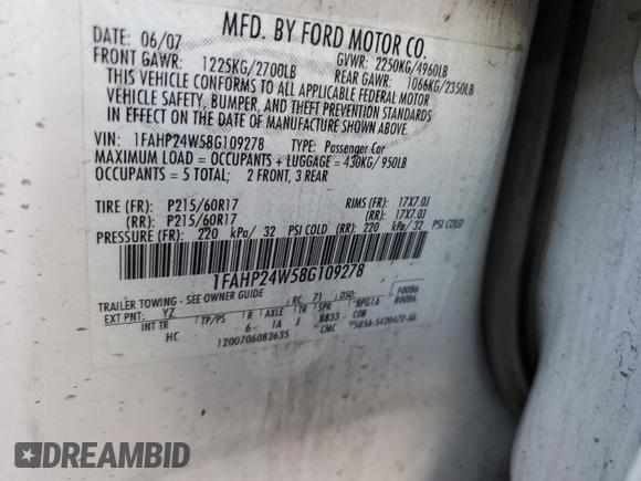 2008 Ford Taurus SEL with VIN 1FAHP24W58G109278, listed as a Copart auction lot 81604544 with 118,454 mi miles and Salvage Title. Bid and sale history available at carsss.com. Image 12.