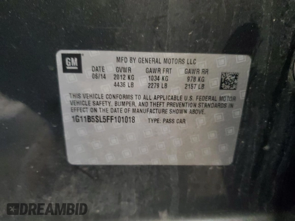 2015 Chevrolet Malibu LS with VIN 1G11B5SL5FF101018, listed as a Copart auction lot 45379585 with 121,856 mi miles and Salvage Title. Bid and sale history available at DreamBid. Image 12.