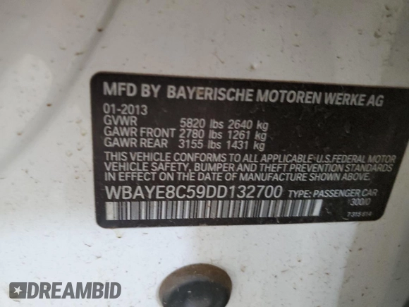 2013 BMW 7 Series 750Li with VIN WBAYE8C59DD132700, listed as a Copart auction lot 59911725 with 119,275 mi miles and Clean title. Bid and sale history available at DreamBid. Image 12.