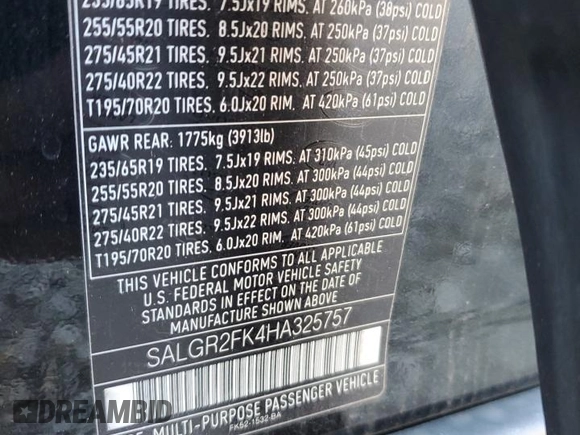2017 Land Rover Range Rover with VIN SALGR2FK4HA325757, listed as a Copart auction lot 44904975 with 99,636 mi miles and Salvage title. Bid and sale history available at DreamBid. Image 13.