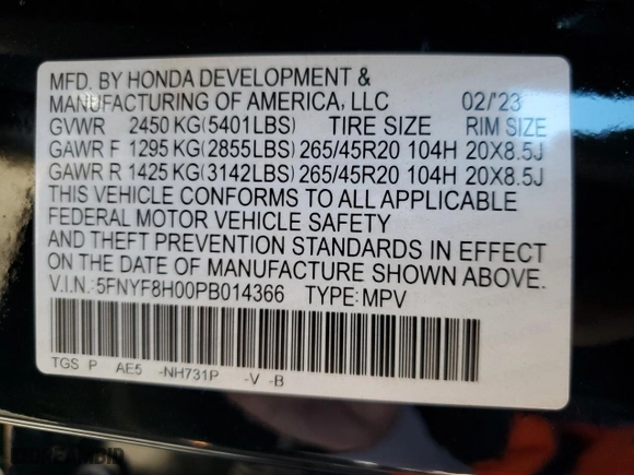 2023 Honda Passport Elite with VIN 5FNYF8H00PB014366, listed as a Copart auction lot 68616923 with 5,026 mi miles. Bid and sale history available at carsss.com. Image 14.